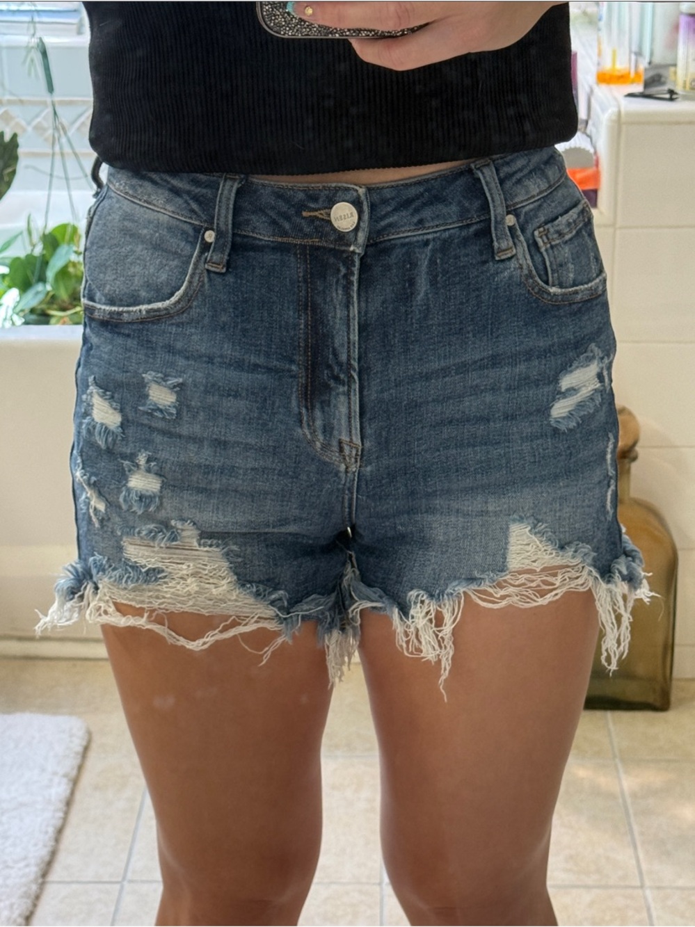 High-Rise Distressed Denim Cutoff Shorts - Dark Blue
